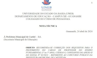 Concurso Caetité: UNEB recomenda correção de requisito para provimento de cargo de Professor