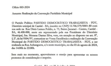 Os Partidos Políticos PDT, PSD, Solidariedade, MDB e Avante de Caetité Convocam Convencionais para Convenção Municipal