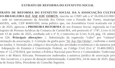 EXTRATO DE REFORMA DO ESTATUTO SOCIAL DA A ASSOCIAÇÃO CULTURAL AFRO-BRASILEIRA ILÉ ÀṢẸ OJÚ OÒRÙN