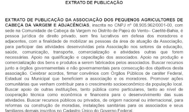 Extrato de Publicação  da Associação dos Pequenos Agricultores de Cabeça da Vargem e Adjacências