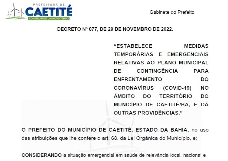 Prefeito de Caetité estabelece medidas temporárias e emergenciais diante do crescente número de casos de Covid no Município