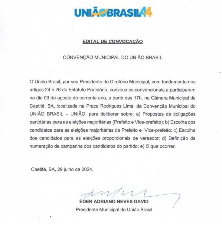 Partido União Brasil de Caetité, convoca os convencionais para participarem da Convenção Municipal