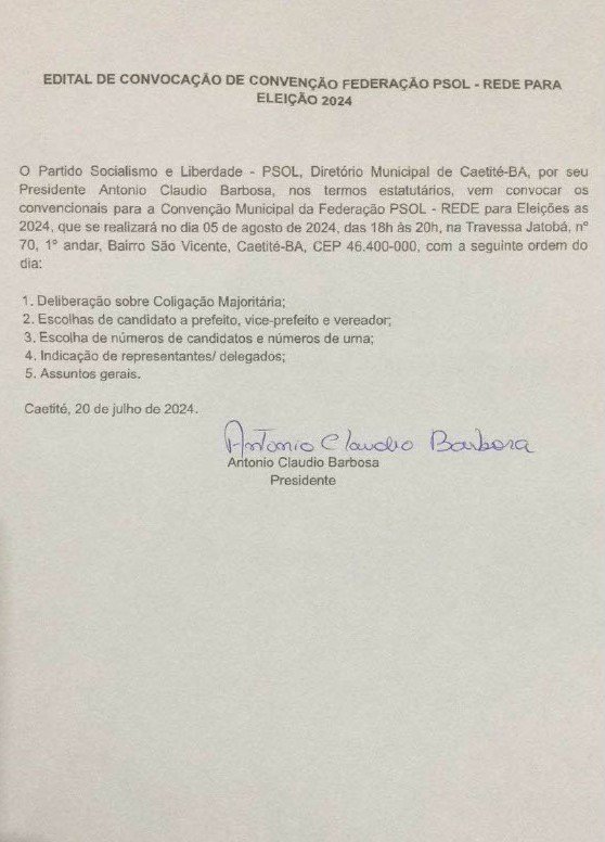 Caetité: PSOL convoca convencionais  para Convenção Municipal