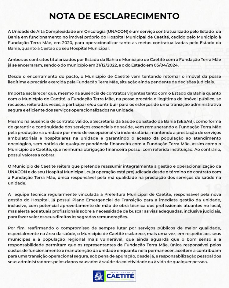 Unacon: Prefeitura de Caetité emite Nota de Esclarecimento