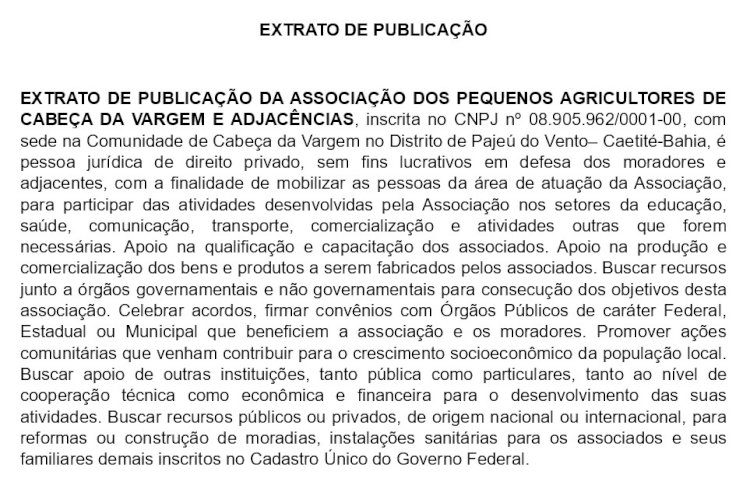 Extrato de Publicação  da Associação dos Pequenos Agricultores de Cabeça da Vargem e Adjacências